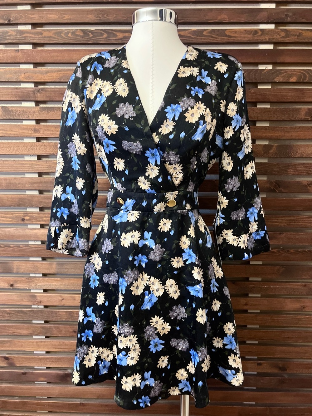 NWT Zara Low Low V-Neck Black Blue & Yellow Floral Mini Dress - Small / $69.90